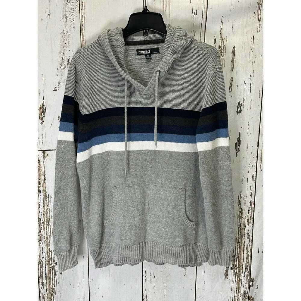 Commerce Gray And Blue Stripe Hooded Sweater